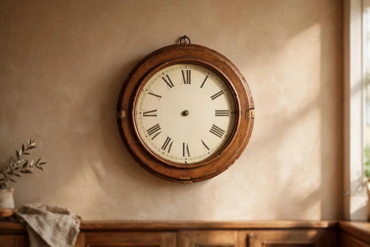 Vintage style wall clock with cream face centred on a kitchen wall