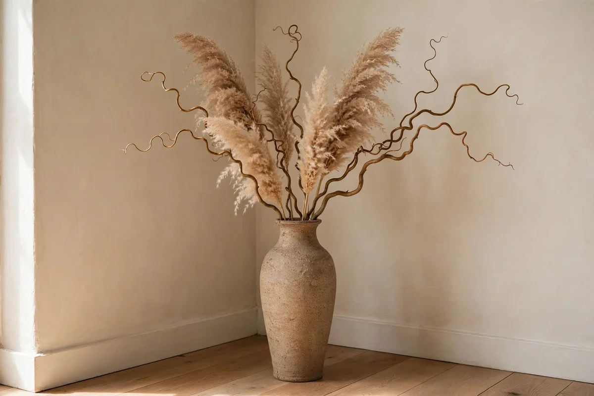 Tall ceramic vase with dried pampas and branches beside a bare wall