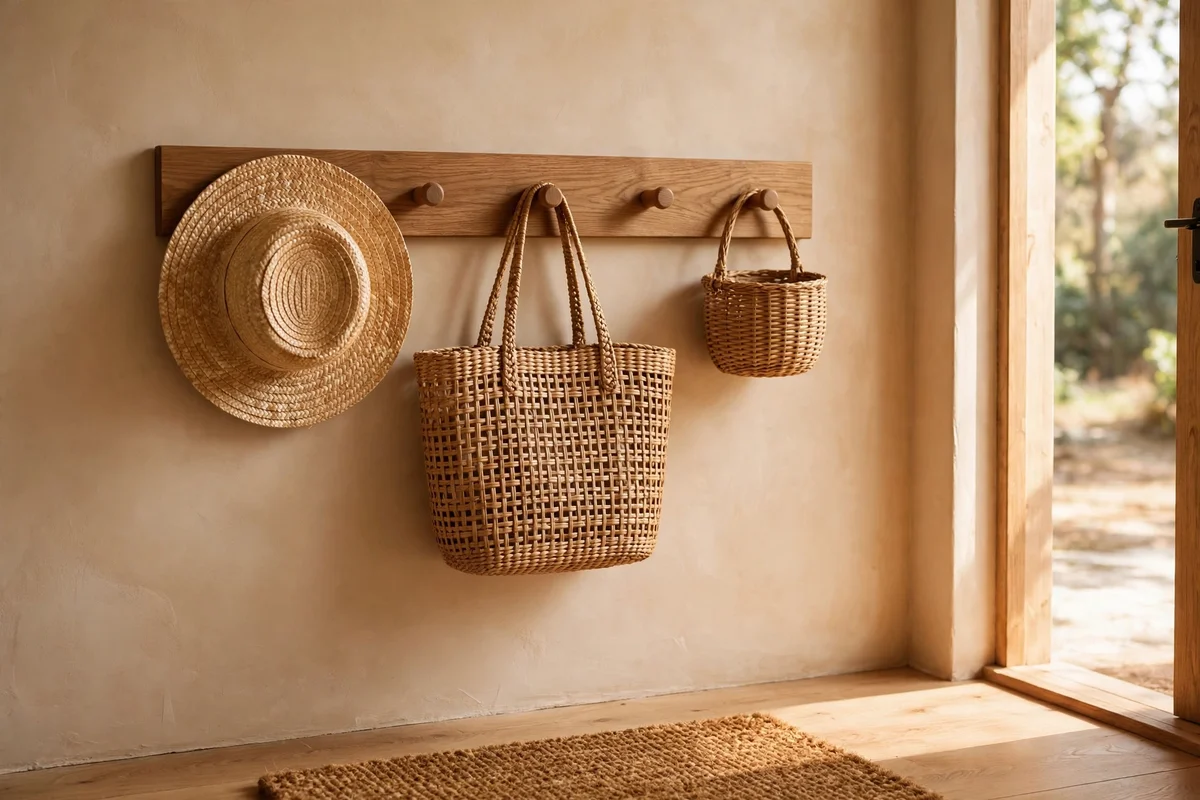 Wooden peg rail with a straw hat, tote bag and small basket hanging