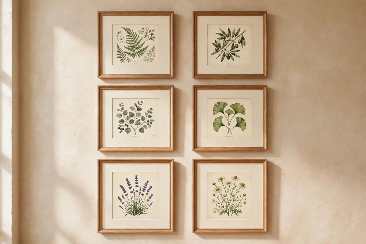 Six framed botanical prints in a tidy two-by-three grid on a wall