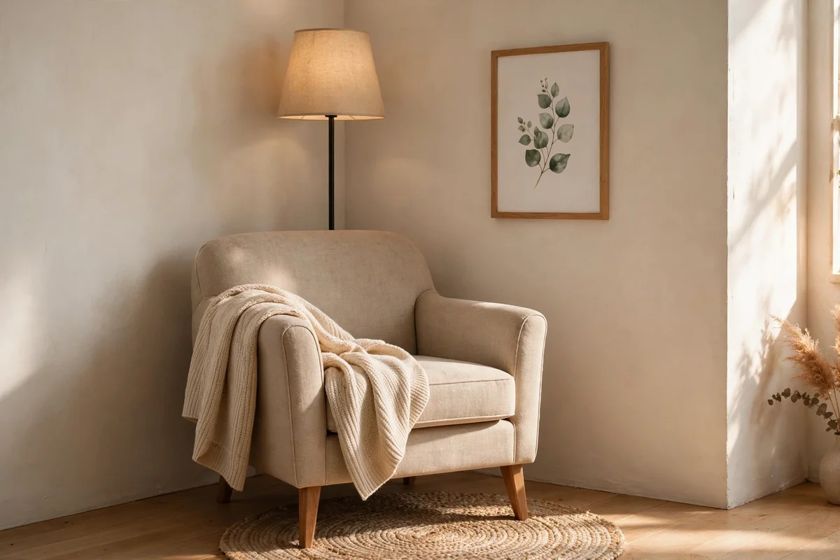 Cozy reading corner with an armchair, floor lamp and one framed print