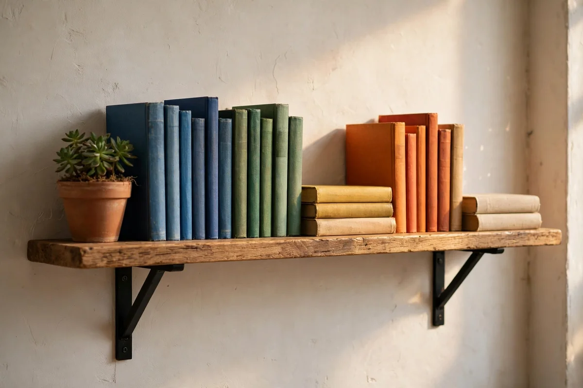 Single wooden wall shelf styled with colour-grouped books and a small plant
