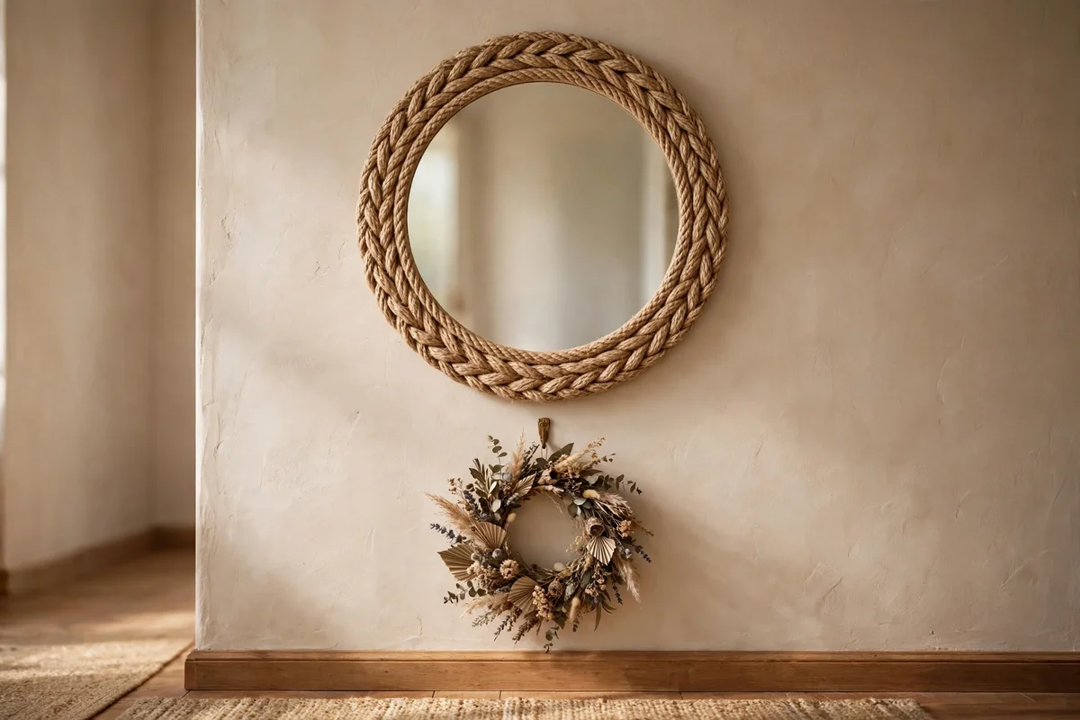 Round jute mirror on a hallway wall with a dried wreath hanging below