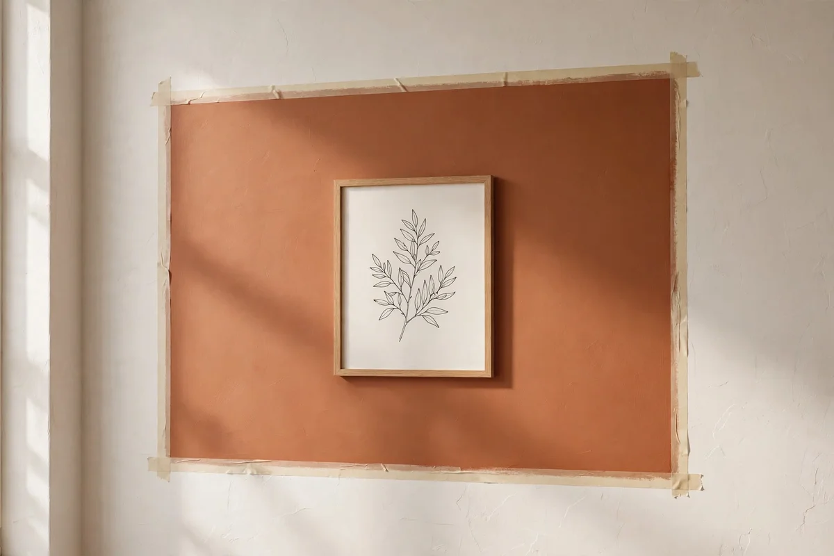 Warm clay colour block painted on a wall with one simple frame centred