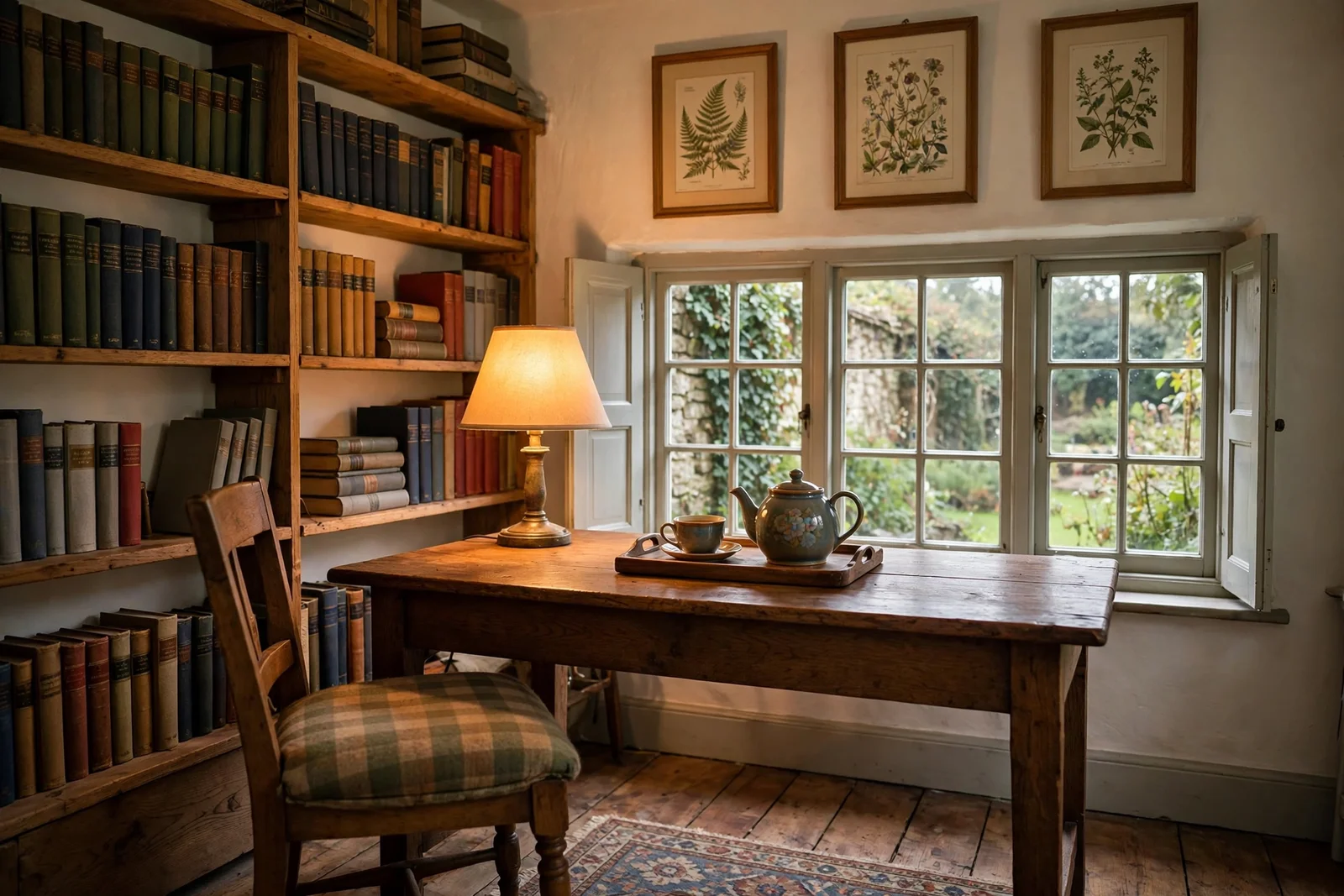 Cozy English cottage office with wooden desk by a garden window, bookshelves and warm lamp