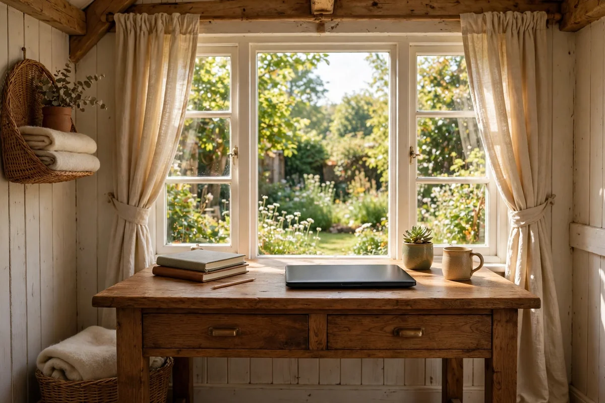 Wooden desk facing a garden window in a cozy cottage office