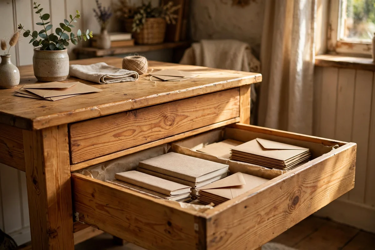 Pine desk with deep drawers for office papers and notebooks