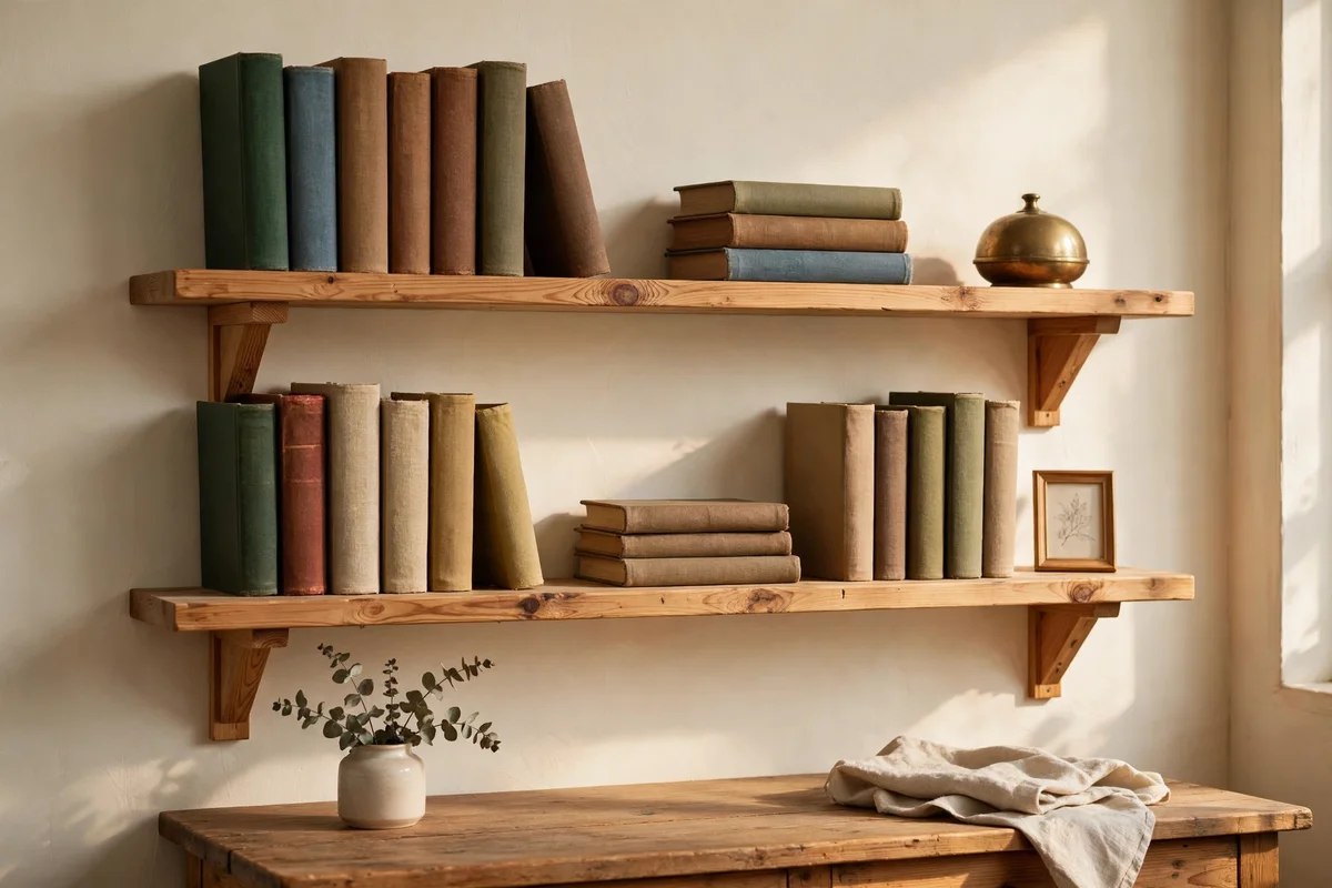 Open pine shelves above a desk holding clothbound books