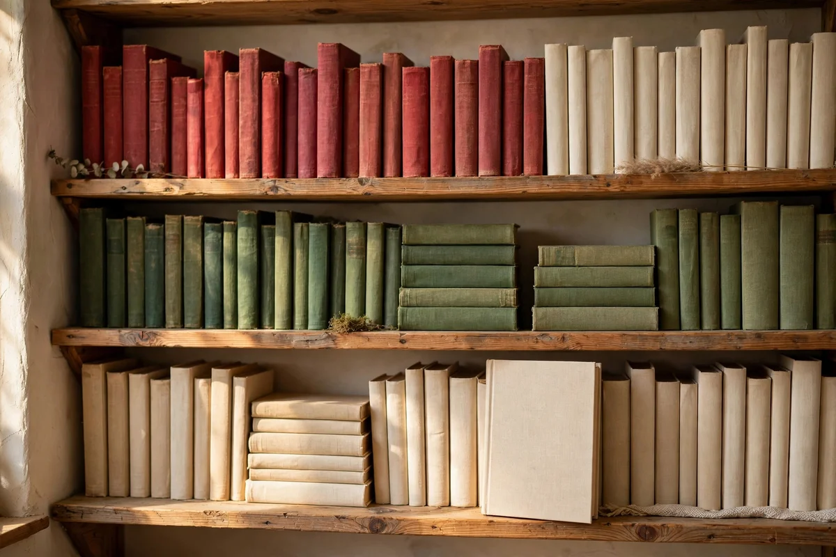 Clothbound books arranged by colour on cottage office shelves