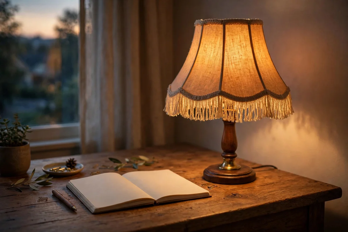 Fringed fabric shade lamp glowing warmly on a cottage desk