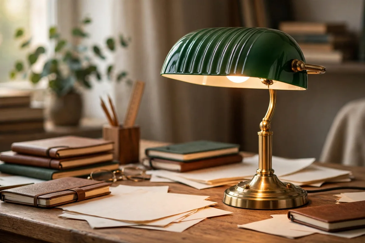 Forest green bankers lamp with brass stem on a wooden desk