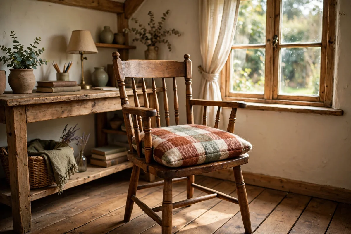 Wooden chair dressed with a checked wool cushion
