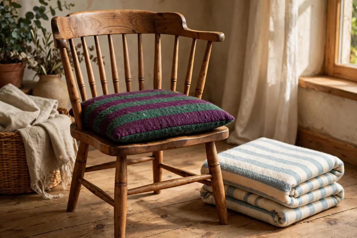 Chair with striped wool cushion and spare seasonal cover