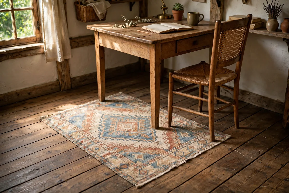 Small patterned rug over wooden floorboards under a desk