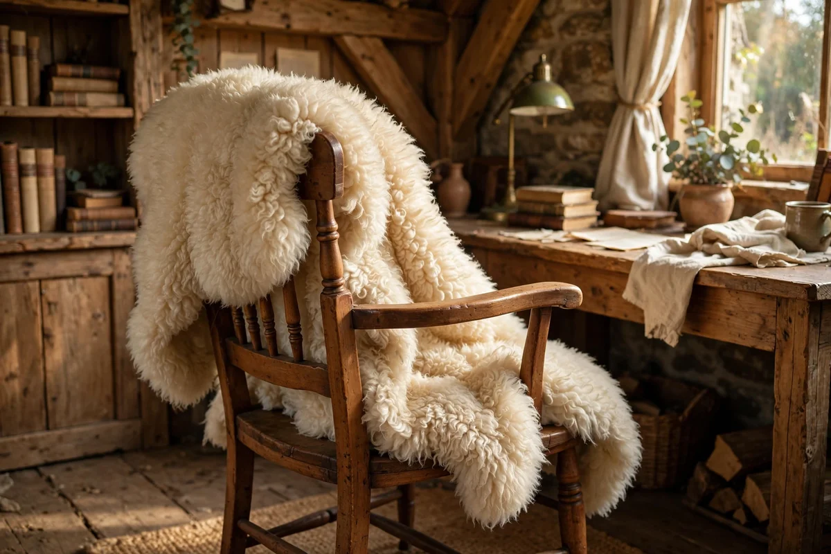 Cream sheepskin draped over a wooden office chair back