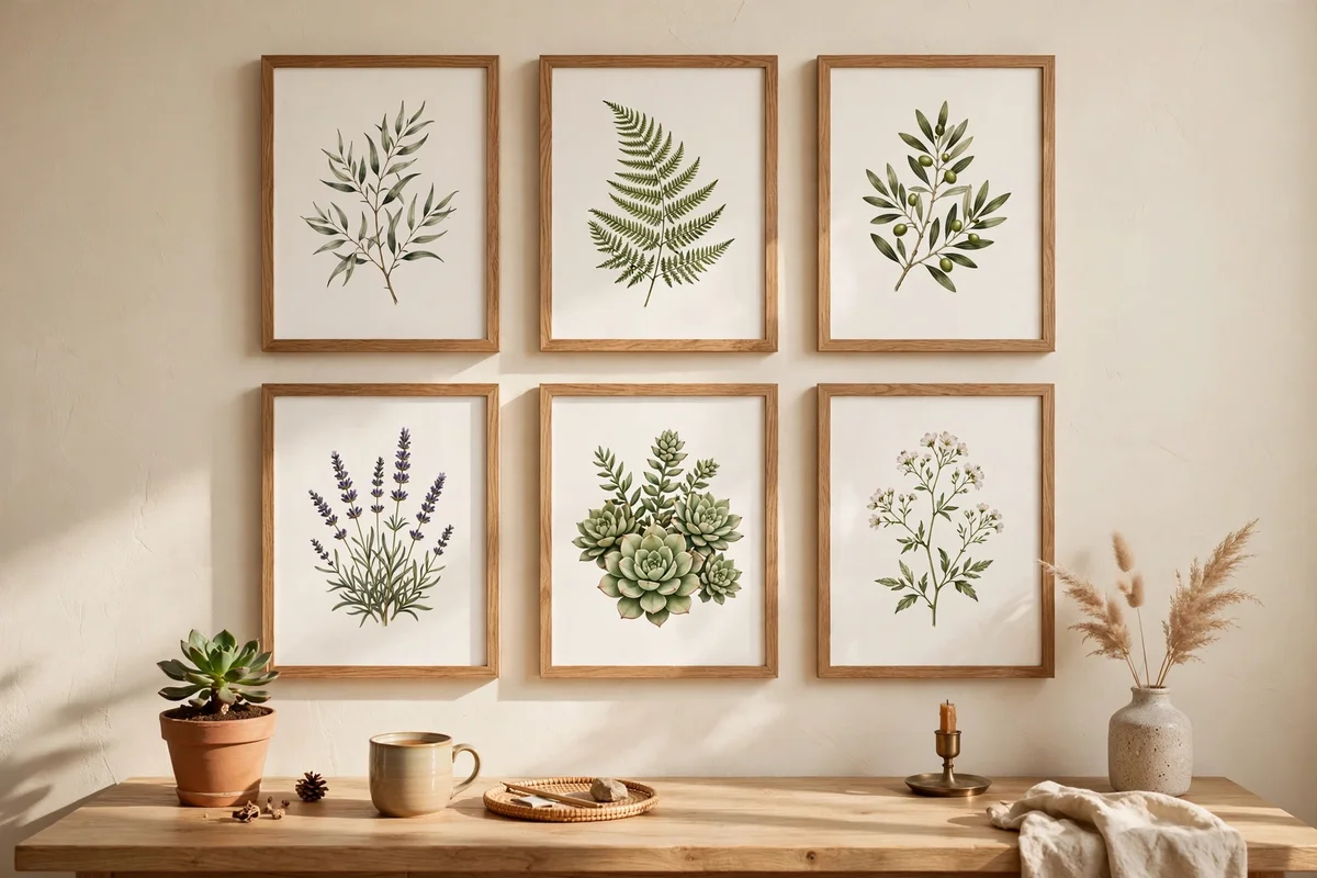 Grid of framed botanical prints above a cottage desk