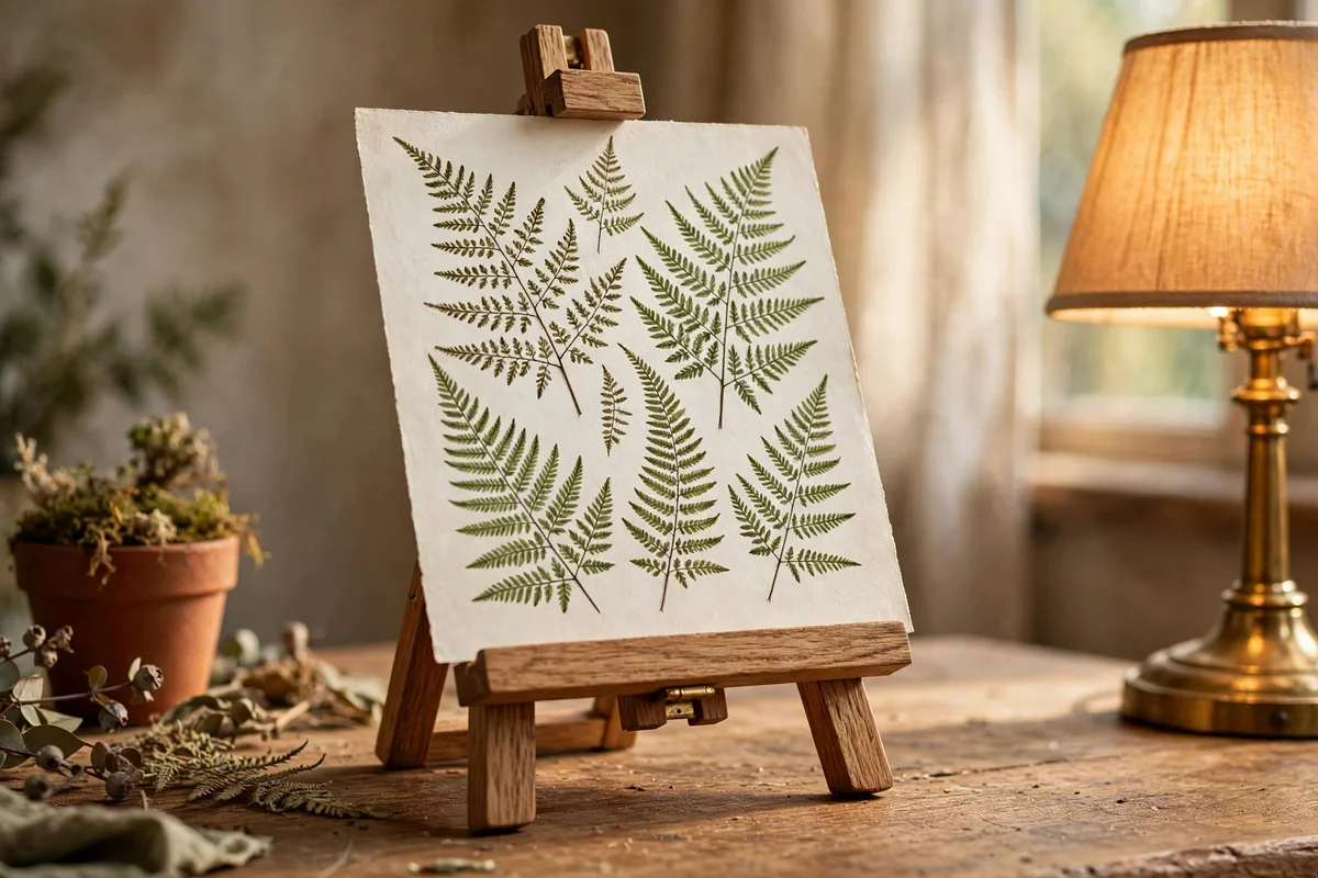 Botanical fern plate on a small oak easel beside a lamp