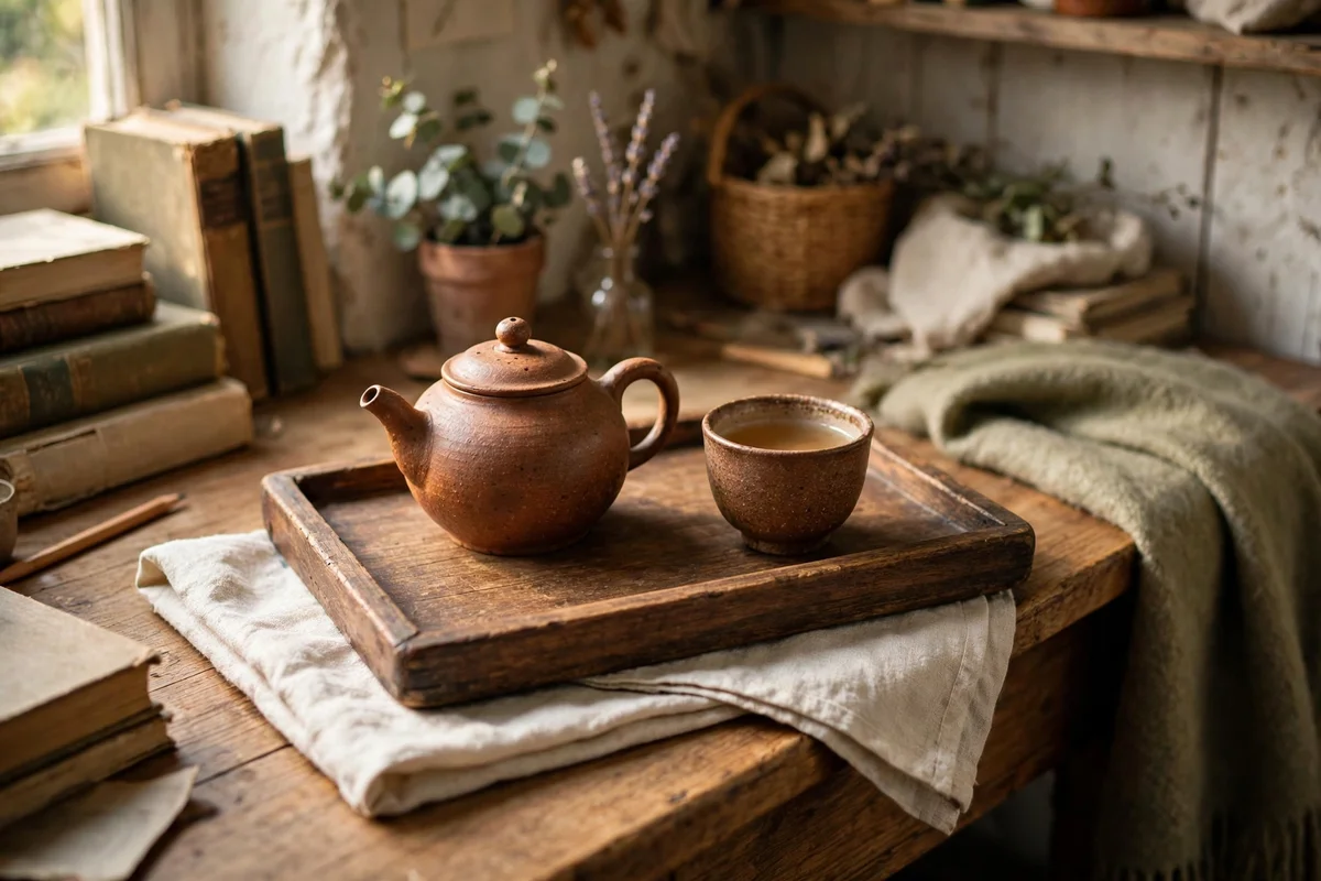 Teapot and cup on a wooden tray for a work break
