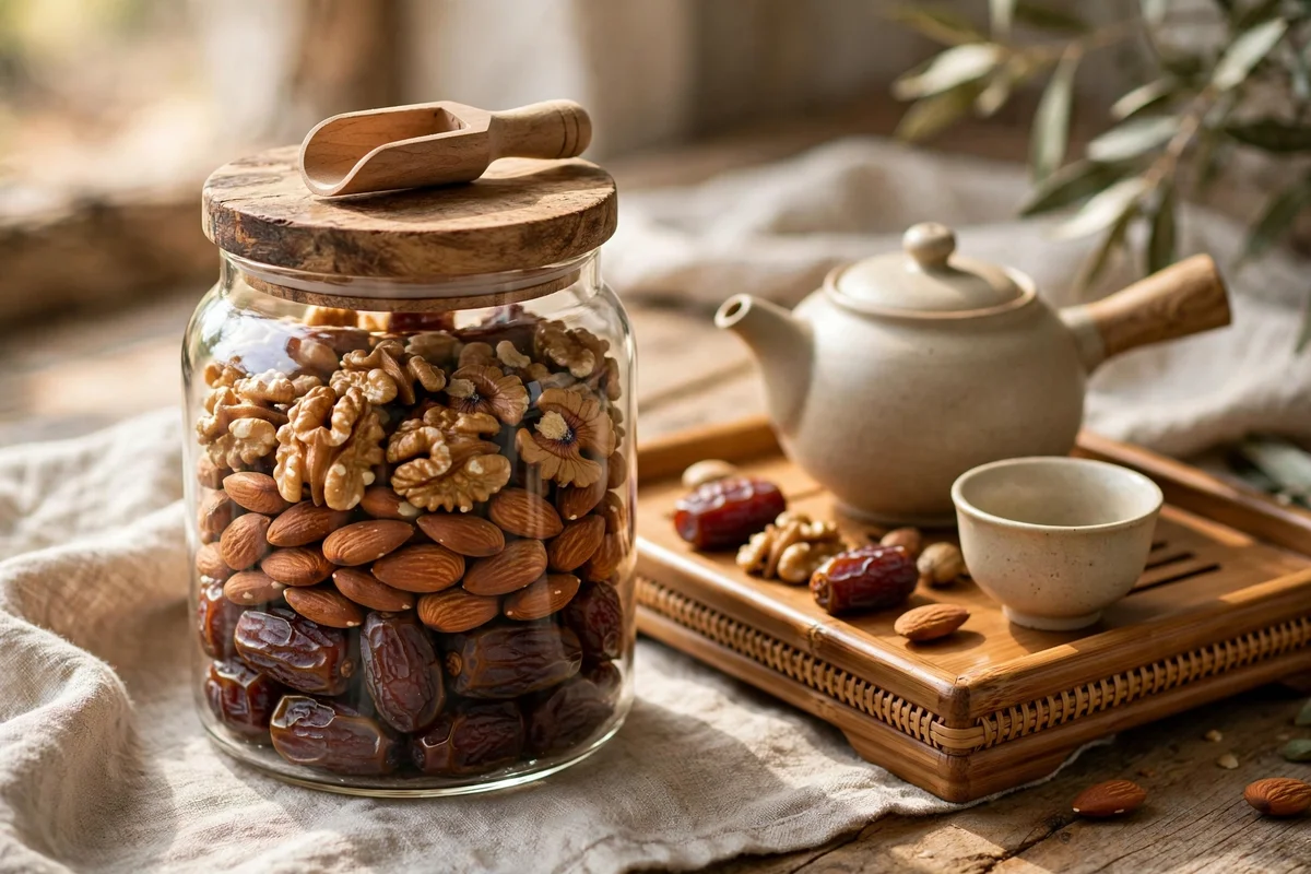 Glass jar of dates and nuts beside the tea tray