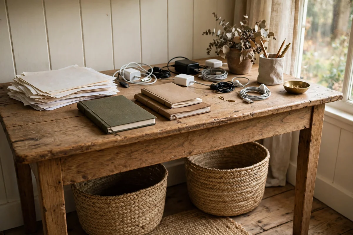 Woven baskets under a desk storing papers and notebooks