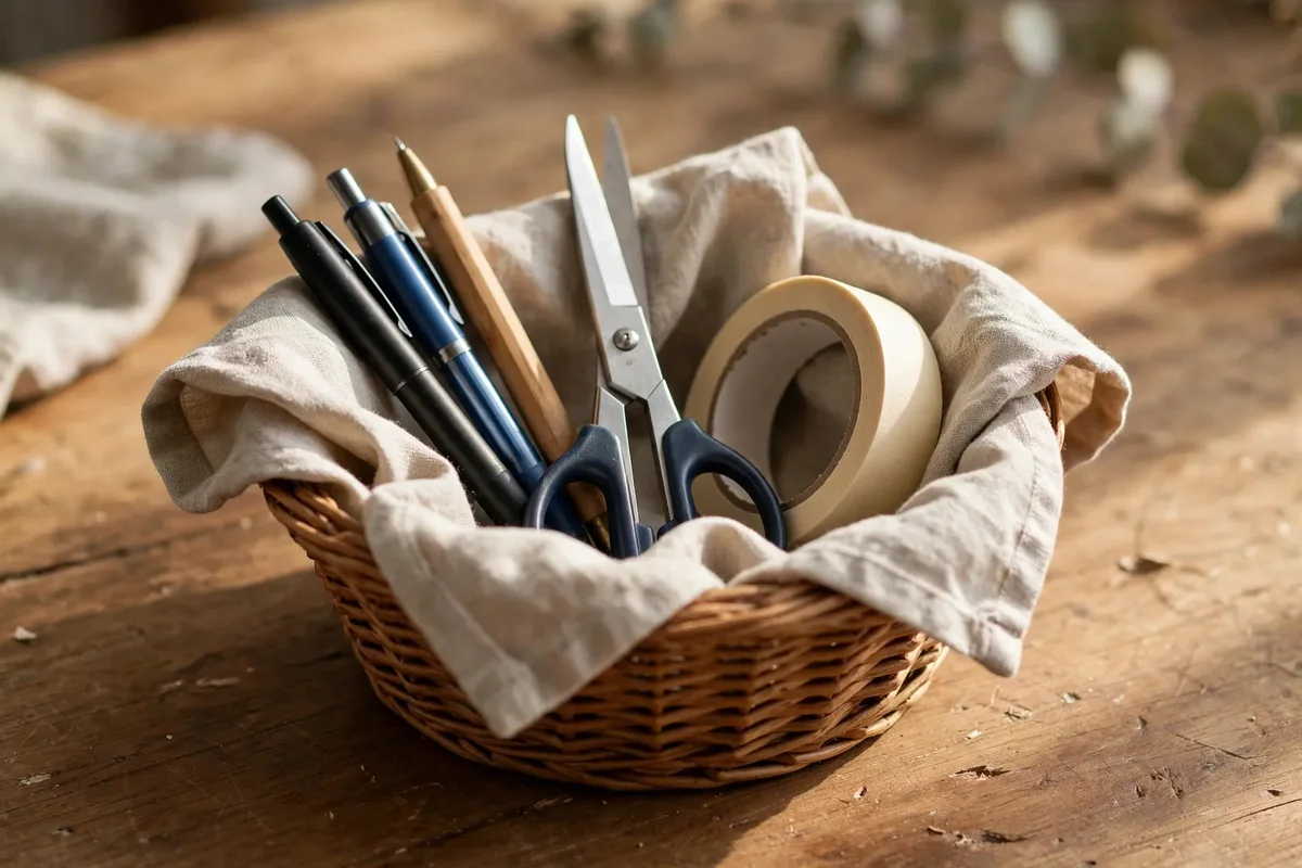 Wicker basket lined with linen holding desk stationery
