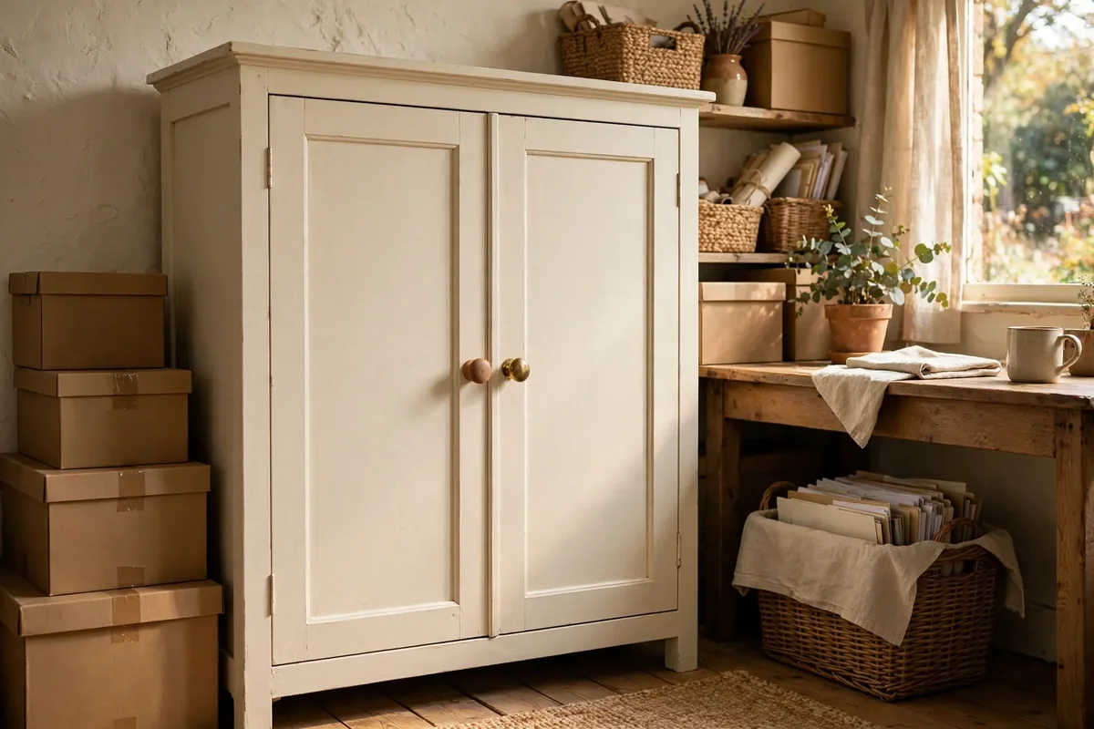 Warm cream painted cupboard for hidden office storage