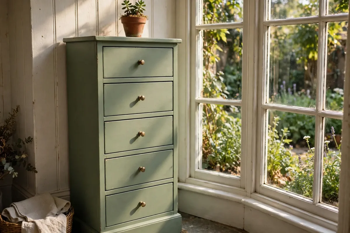 Sage green painted cabinet beside a garden window