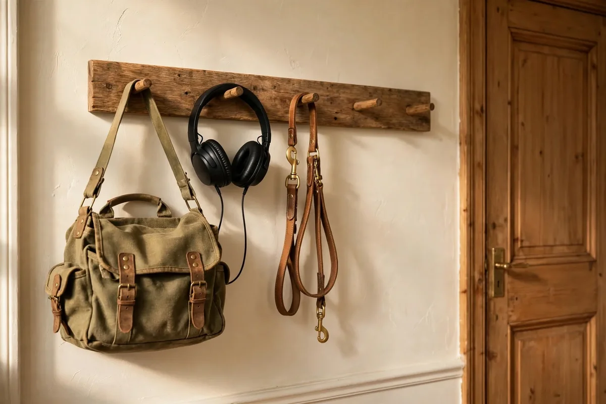 Wooden peg rail holding a bag, headphones and a lead