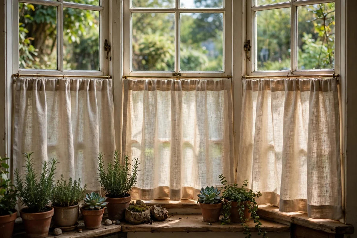 Natural linen cafe curtains on a garden window
