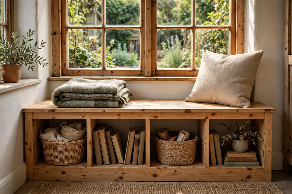 Low bookshelf bench beneath a window with books and a blanket