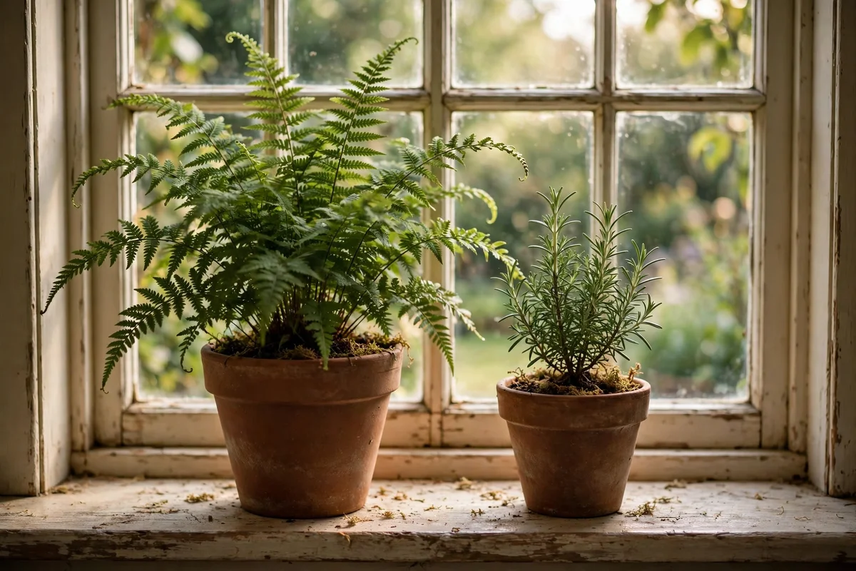 Potted fern and rosemary on a cottage office windowsill
