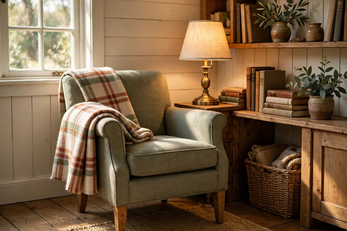 Reading chair with a wool plaid throw folded over the arm