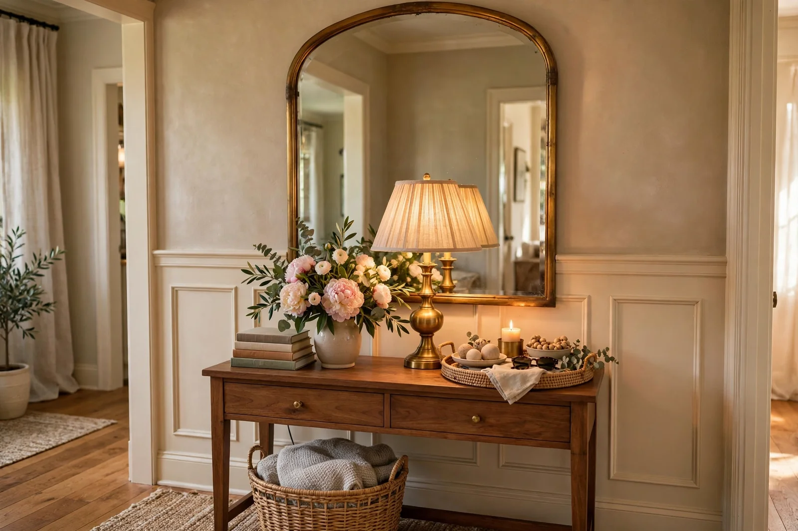 Styled entryway console table with mirror, lamp, tray and fresh flowers