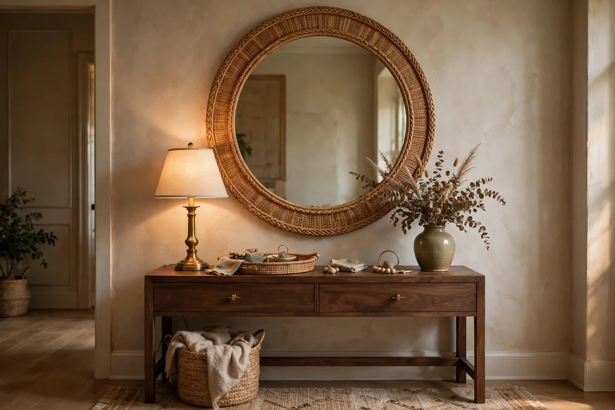 Large mirror anchoring entryway console table