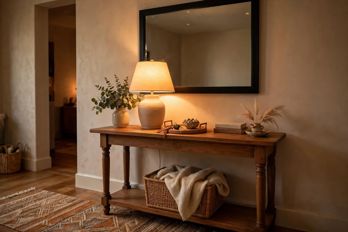 Table lamp on entryway console table