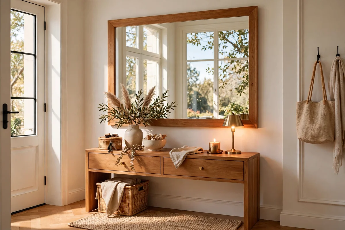 Round mirror above entryway console table
