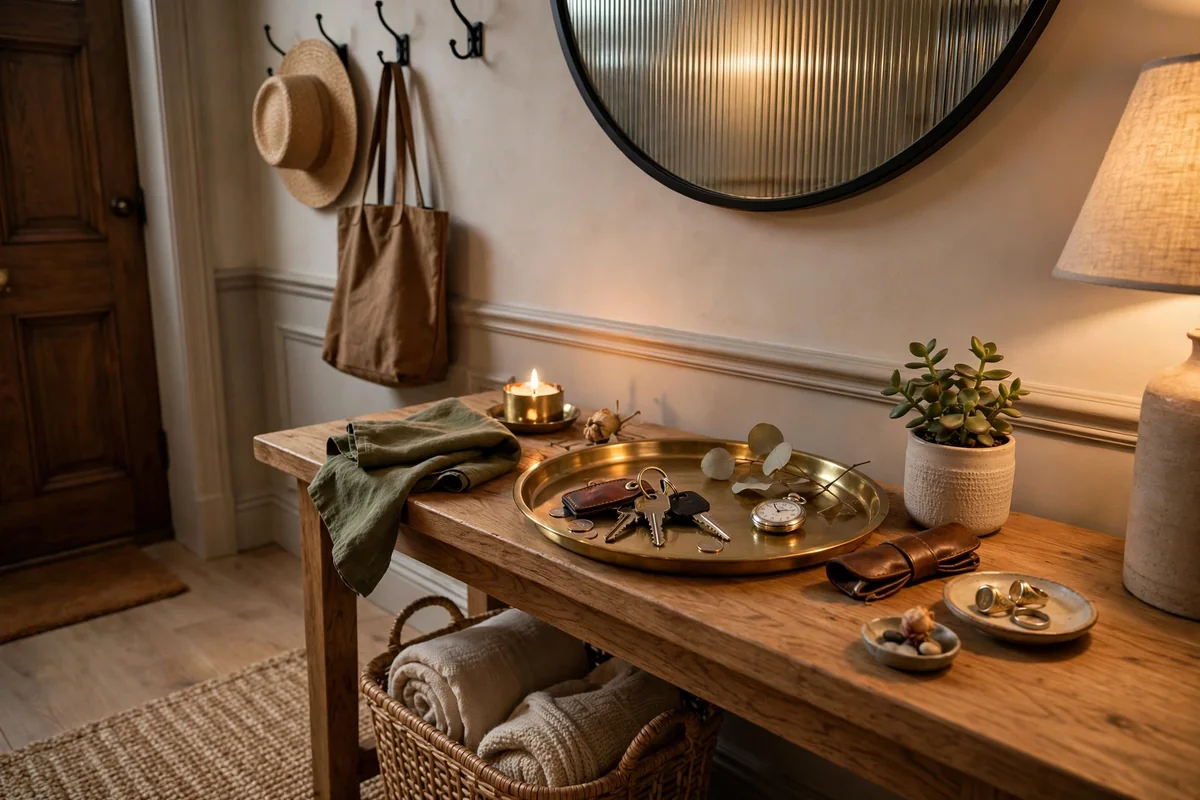 Tray with keys on entryway console table