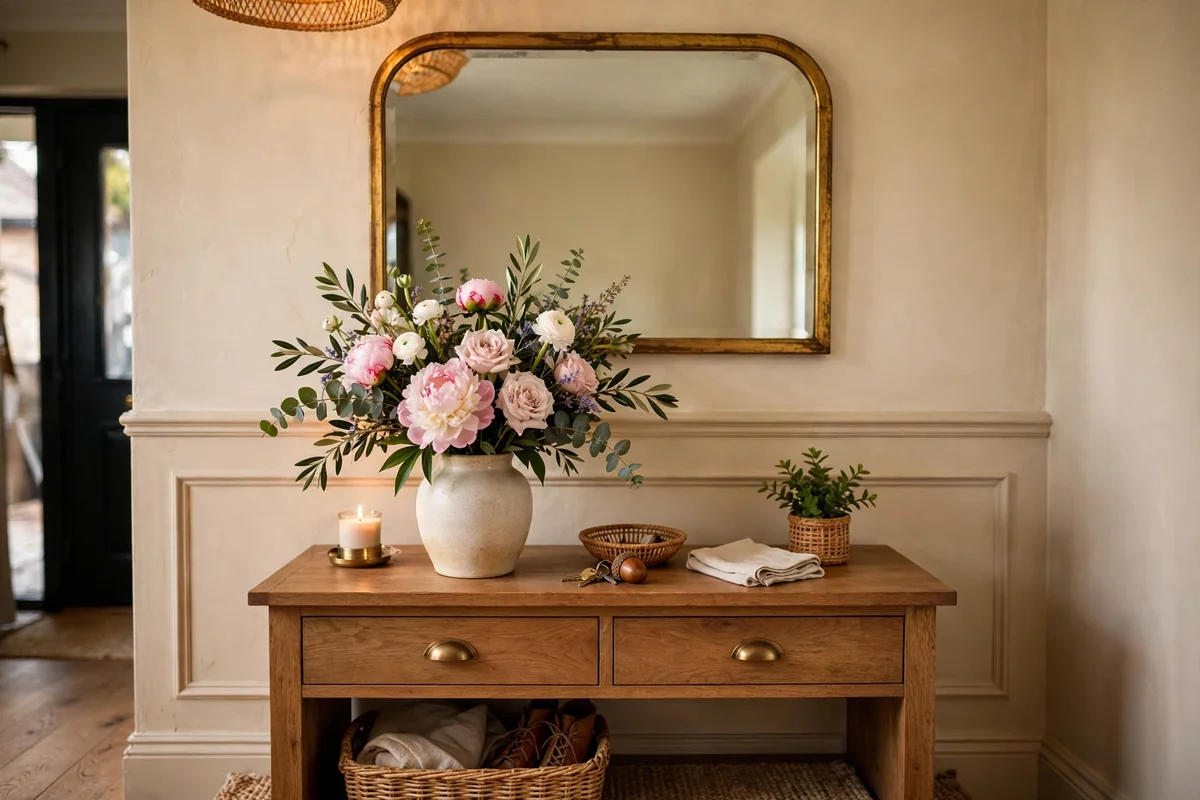 Fresh flowers on entryway console table