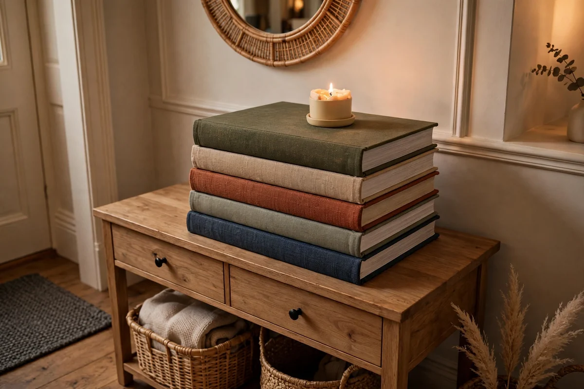 Stack of books on entryway console table