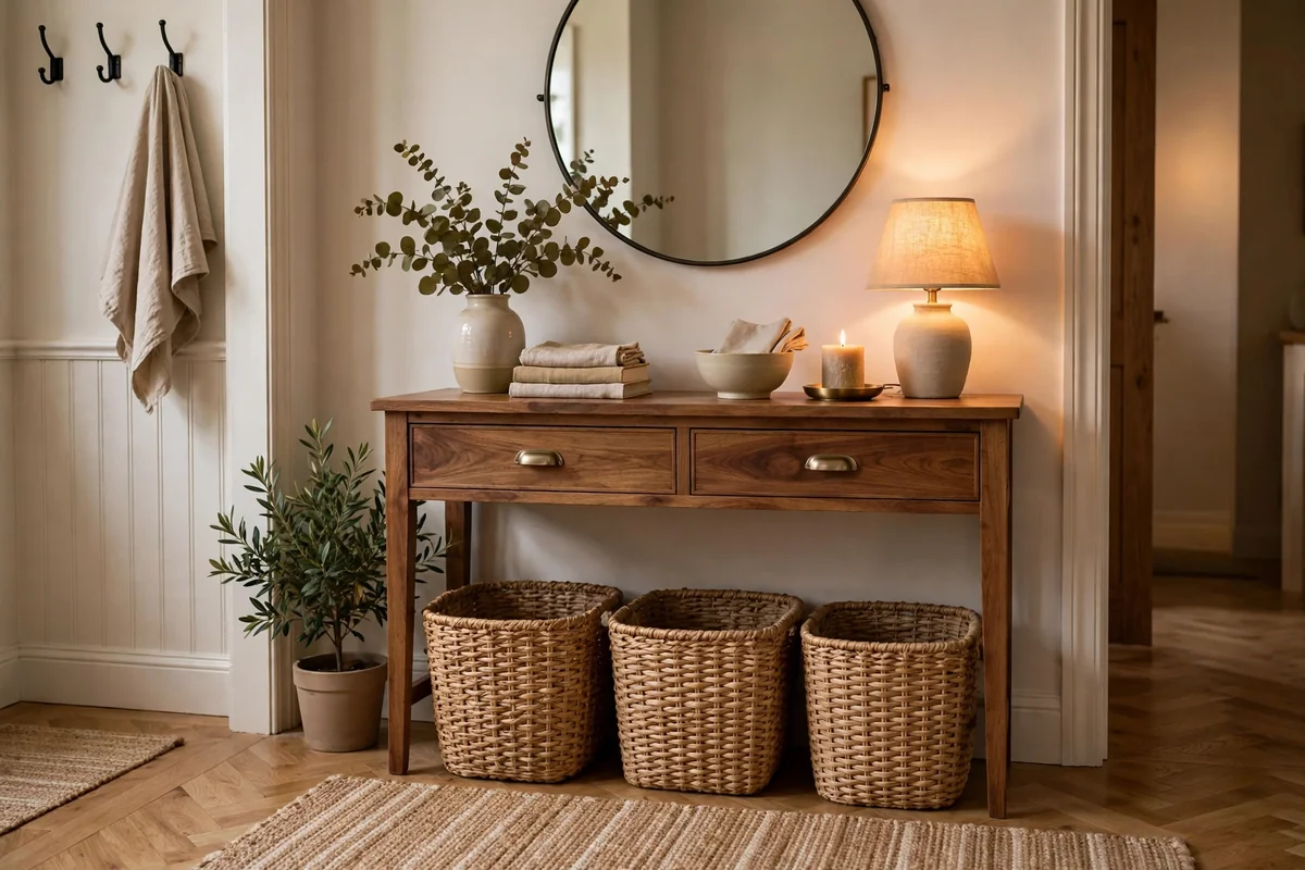 Baskets below entryway console table