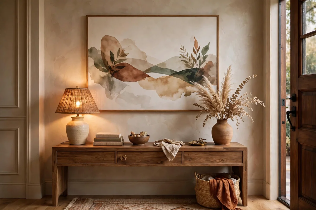 Art hung above entryway console table