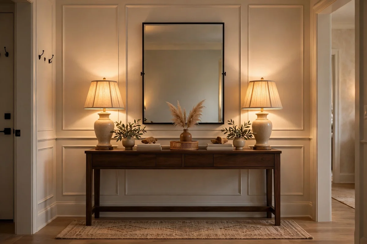 Symmetrical styling on entryway console table