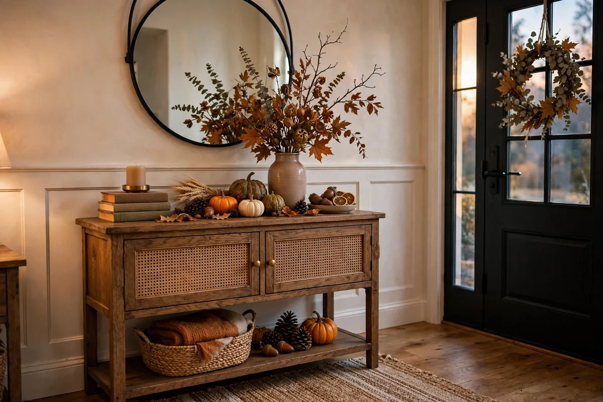 Seasonal decor on entryway console table