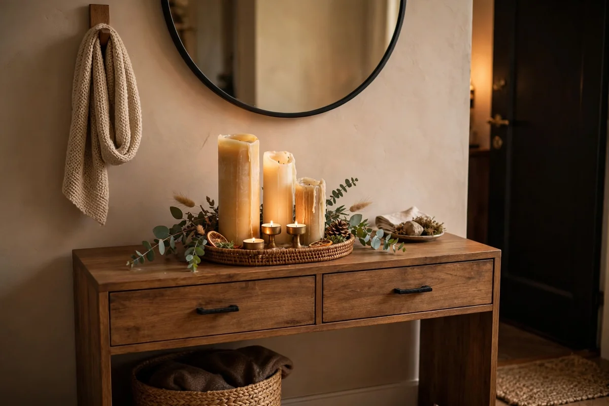 Candle grouping on entryway console table