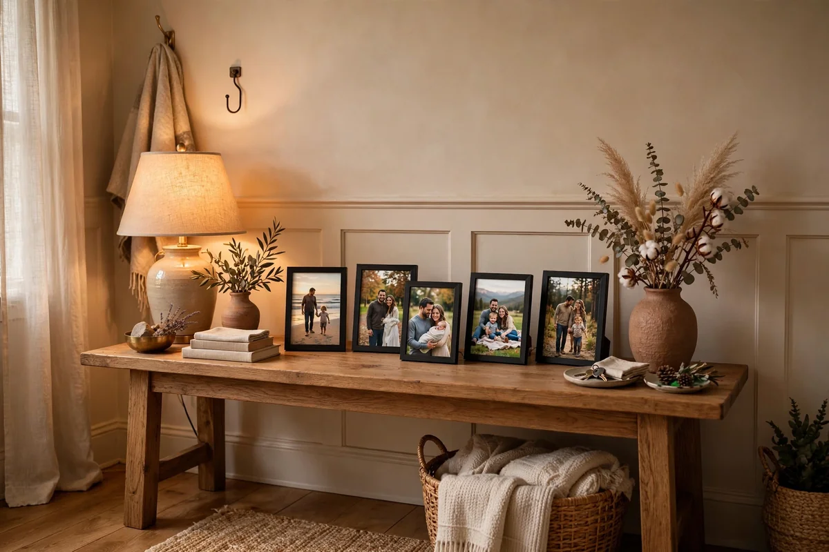 Framed photos on entryway console table