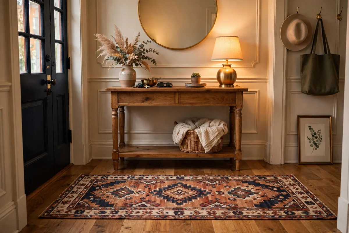 Runner rug under entryway console table