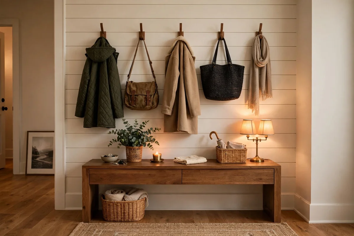 Wall hooks above entryway console table