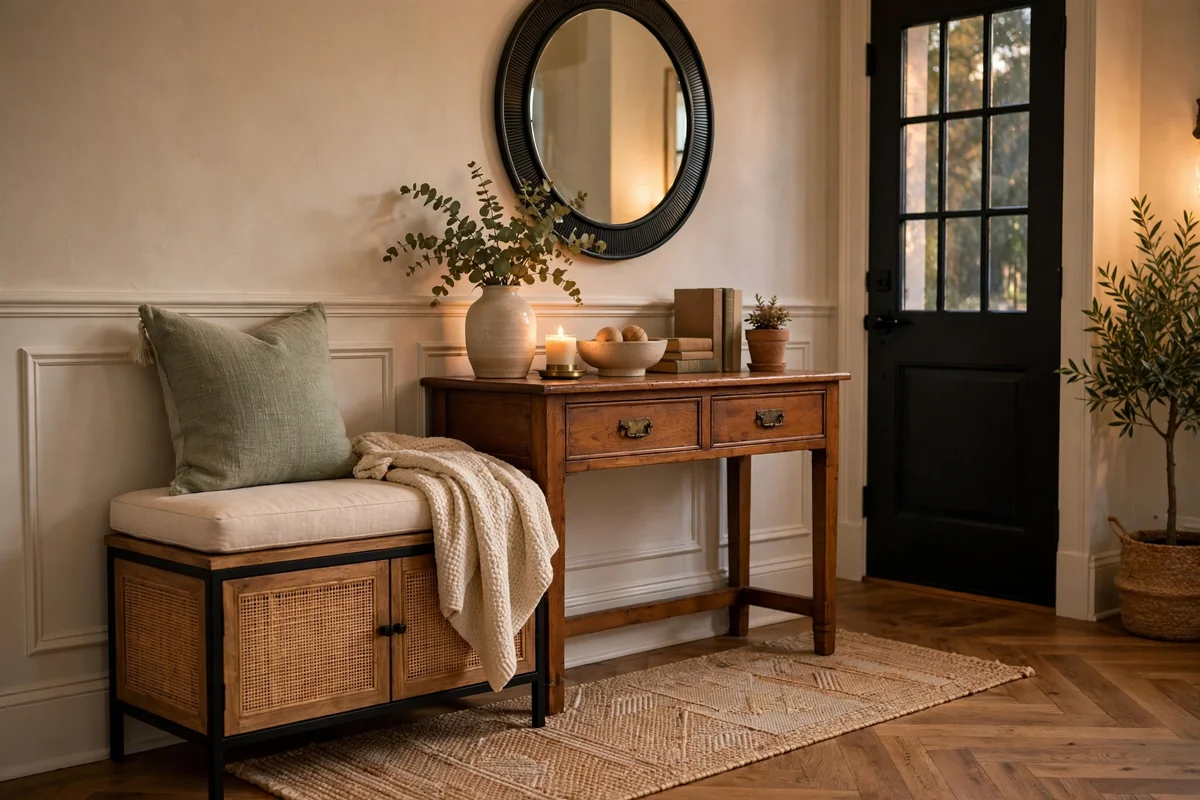 Small bench beside entryway console table