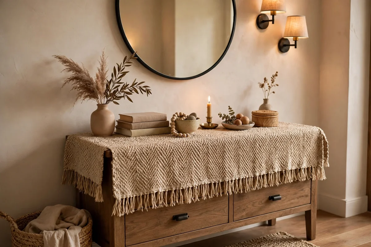 Textured runner on entryway console table