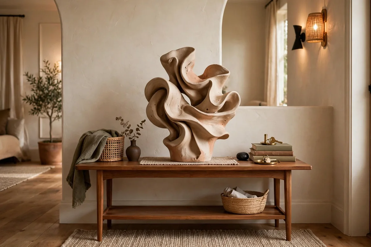 Sculptural object on entryway console table